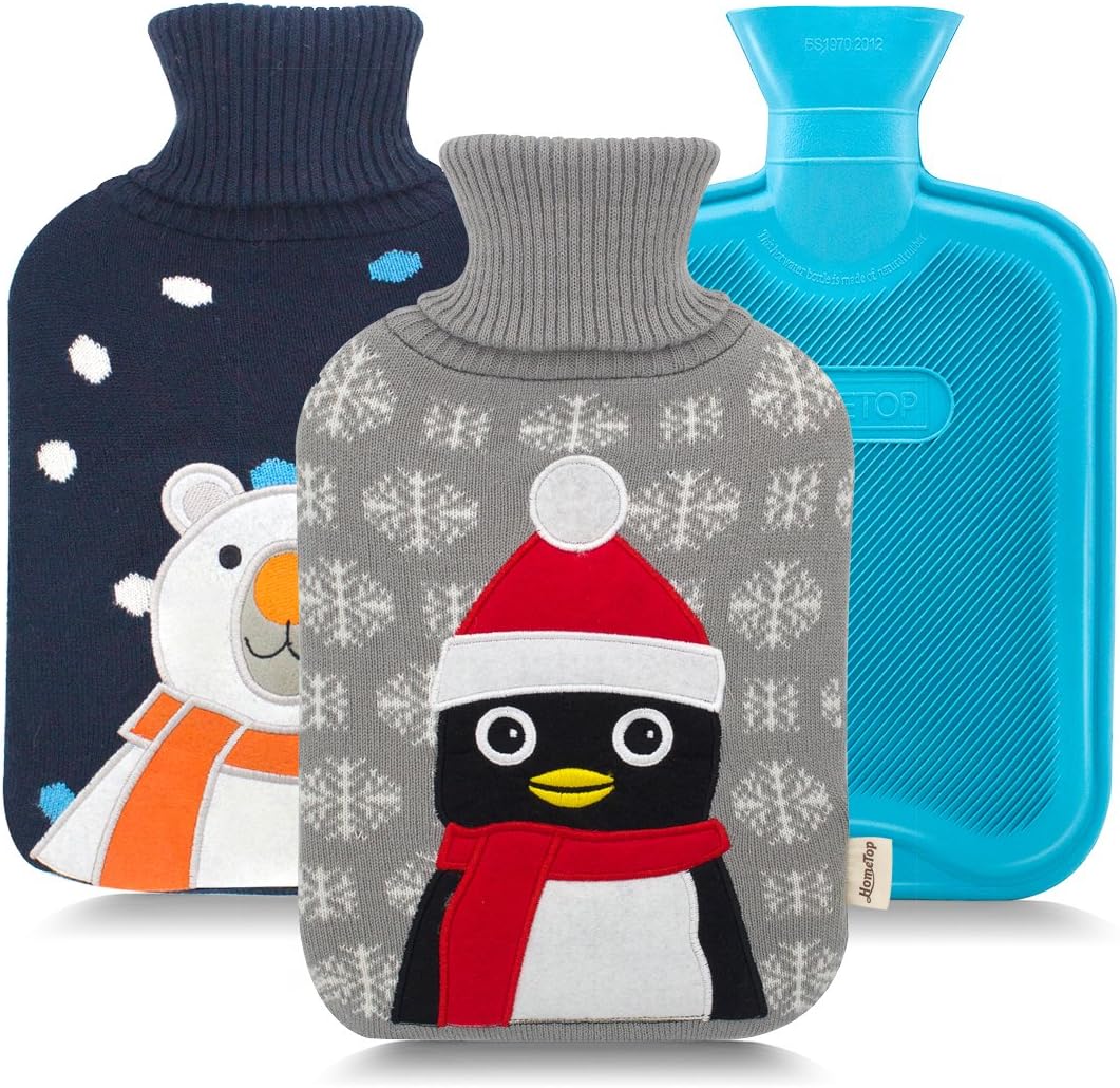 HomeTop Premium 2L Classic Rubber Hot Water Bottle and Cute Animal Embroidery Knit Cover (White Bear + Penguin)