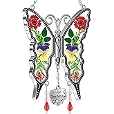 KY&BOSAM Gifts for Mom Butterfly Suncatcher I Love You Mom Stained Glass Sun Catcher Hanging for Window Wind Chime Pressed Dried Flowers Engraved and Metal Charm Mothers Day Valentine's Birthday Decor