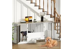 Pipleo Dog Crate Furniture with 4 Stainless Steel Bowls, Wood Dog Crate End Table with Tray and Cushion, Double Dog Crate for 2 Dogs, Wooden Dog Cage Dog Kennel Indoor (Brown)