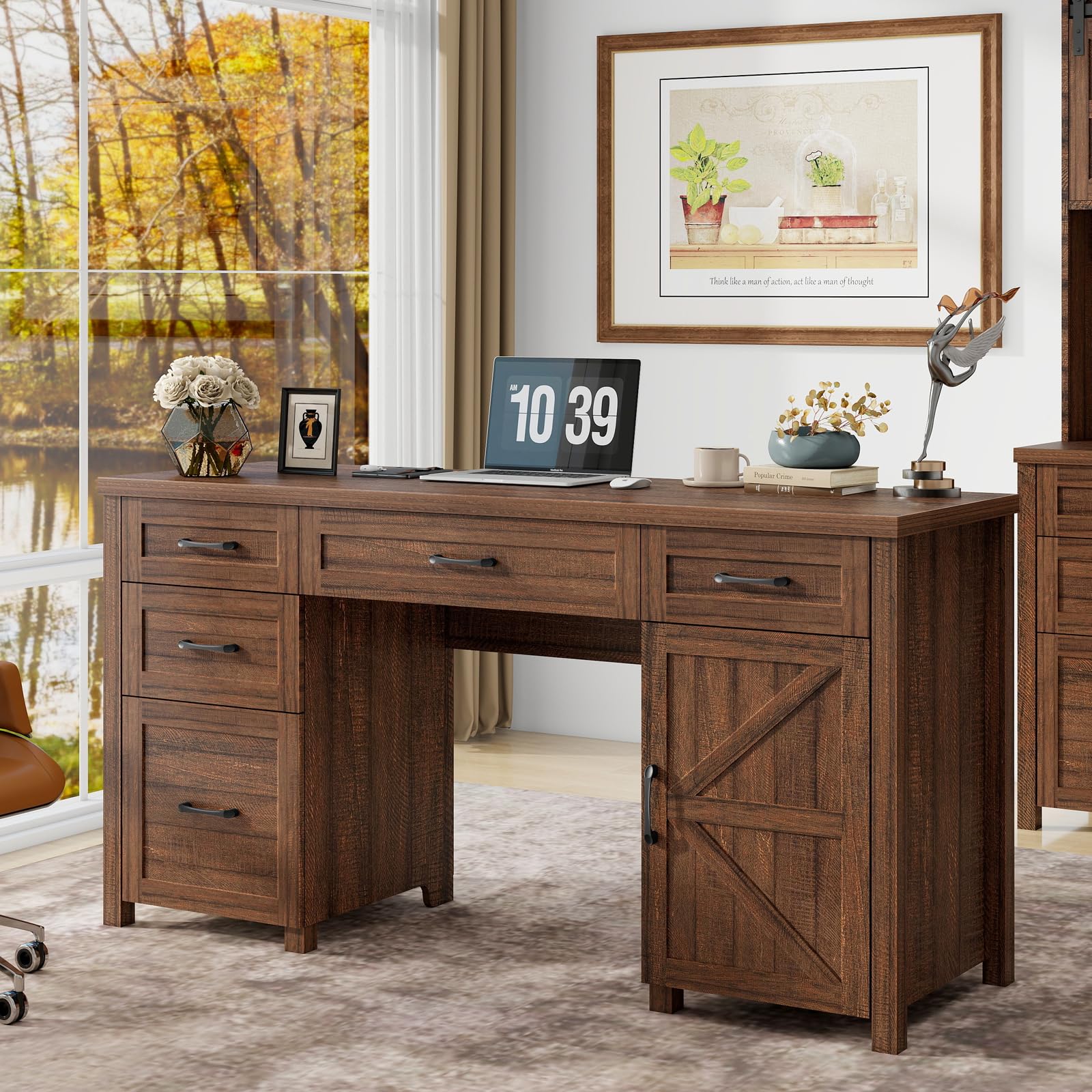 Halitaa Farmhouse 61'' Executive Desk with 5 Drawers, Rustic Office Desk Computer Desk with File Drawers and Storage Cabinet, Wood Workstation for Home Office and Study, Red-Brown.