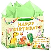 Cute Dinosaur Birthday Gift Bag Green Dinosaur Birthday Wrapping Bag with Tissue Paper Greeting Card Spring Summer Party Decoration for Boy Girl Kids Baby Shower Jungle Party Favor Gift Decor Supplies