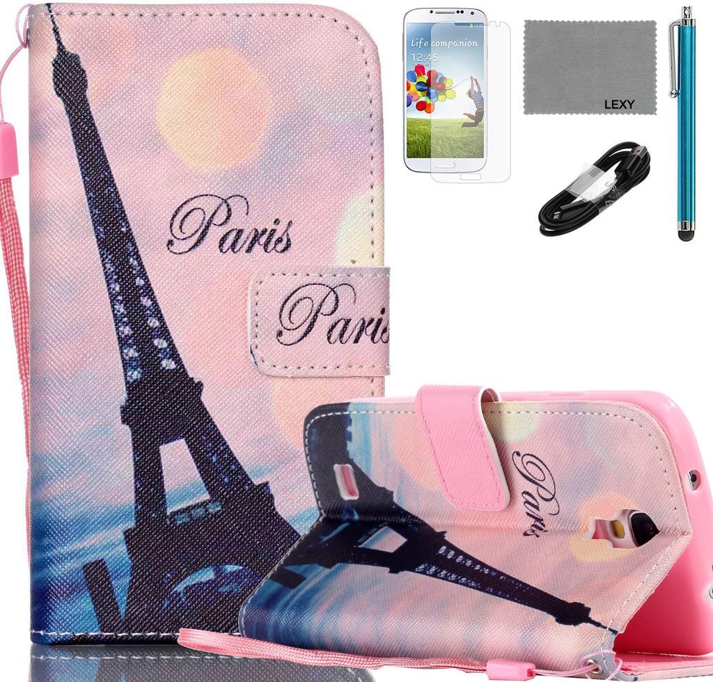Samsung Galaxy S4 i9500 Case, LEXY PU Leather Case with Credit ID Cards Holders & Stand for Samsung Galaxy S4 i9500 with 9H Glass Screen Protector, V8 USB Cable and Stylus (Pink Eiffel)