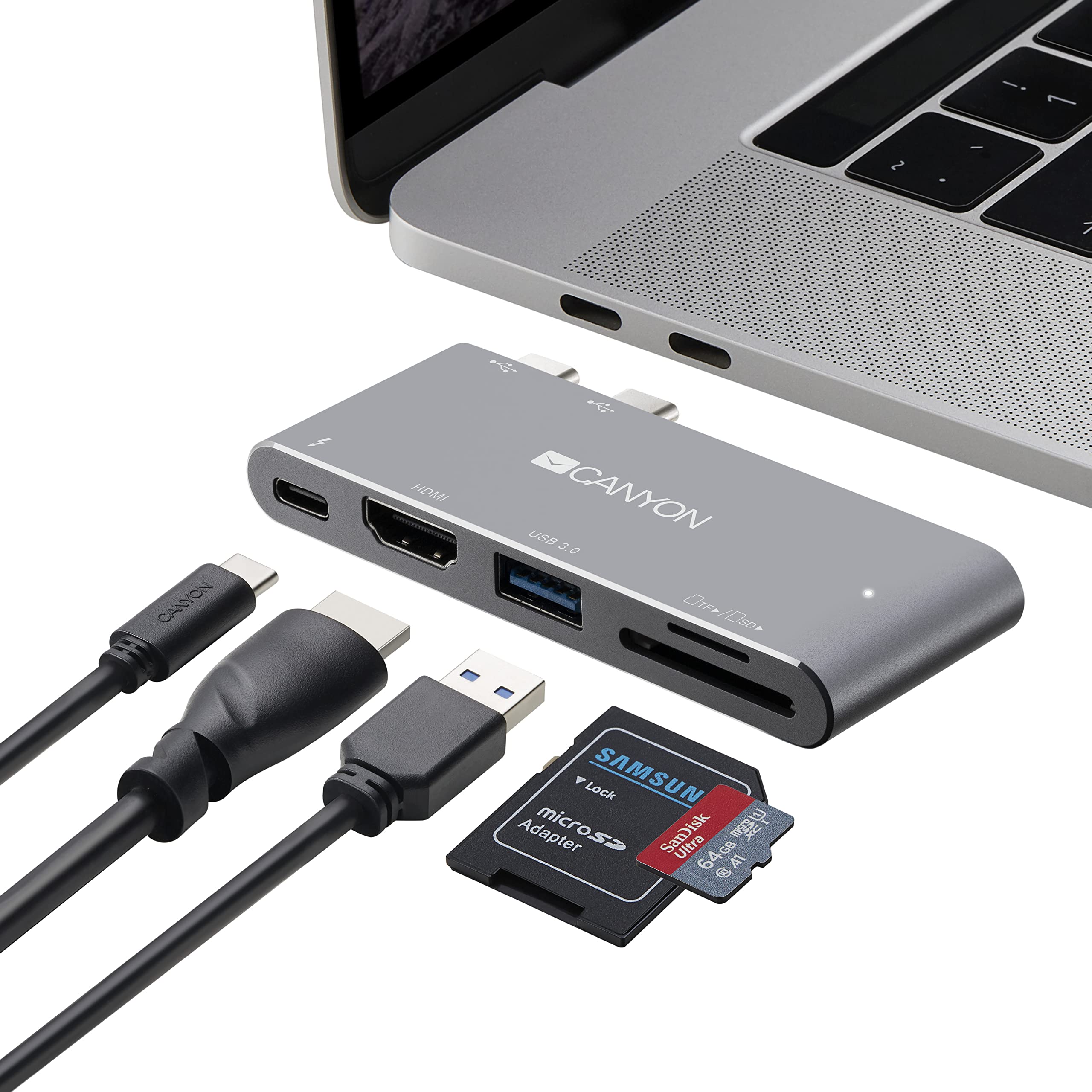 CANYON Type C USB Thunderbolt 3 Hub with 3.0 Port, 4K HDMI, TF and SD Card Reader Slot, and Ultra-Fast Charging and Data Syncing, Compatible with MacBook Pro and Air