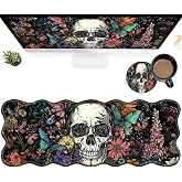 Sugar Skull Flowers Large Gaming Mouse Pad Plus a Coaster, 31.5 x 11.8 inches Desk Mat Extended XL Mousepad with Stitched Edge Non-Slip Rubber, Desk Pad Computer Mouse Mat for Home Office