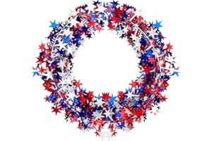 PheiLa 2 Rolls Tinsel Stars Wire Garland for Independence Day Veterans Memorial Patriotic 4th of July Party Supplies, Red White Blue Colors, 26 Feet Each Roll