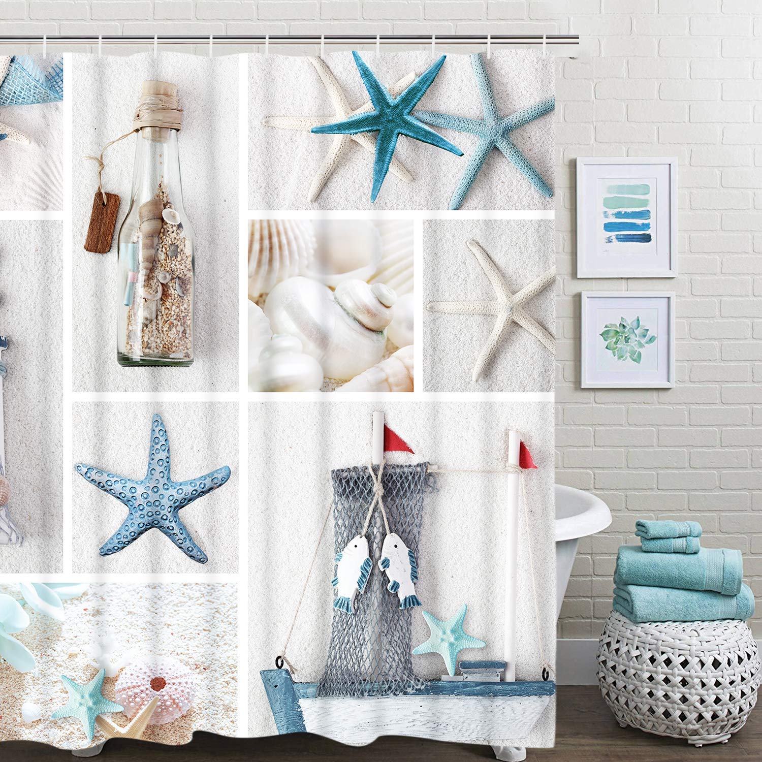 JOOCAR Nautical Shower Curtain Marine Sail Boat Beach Starfish Shell Sea Life Bathroom Decor Bathroom Accessory with Hooks