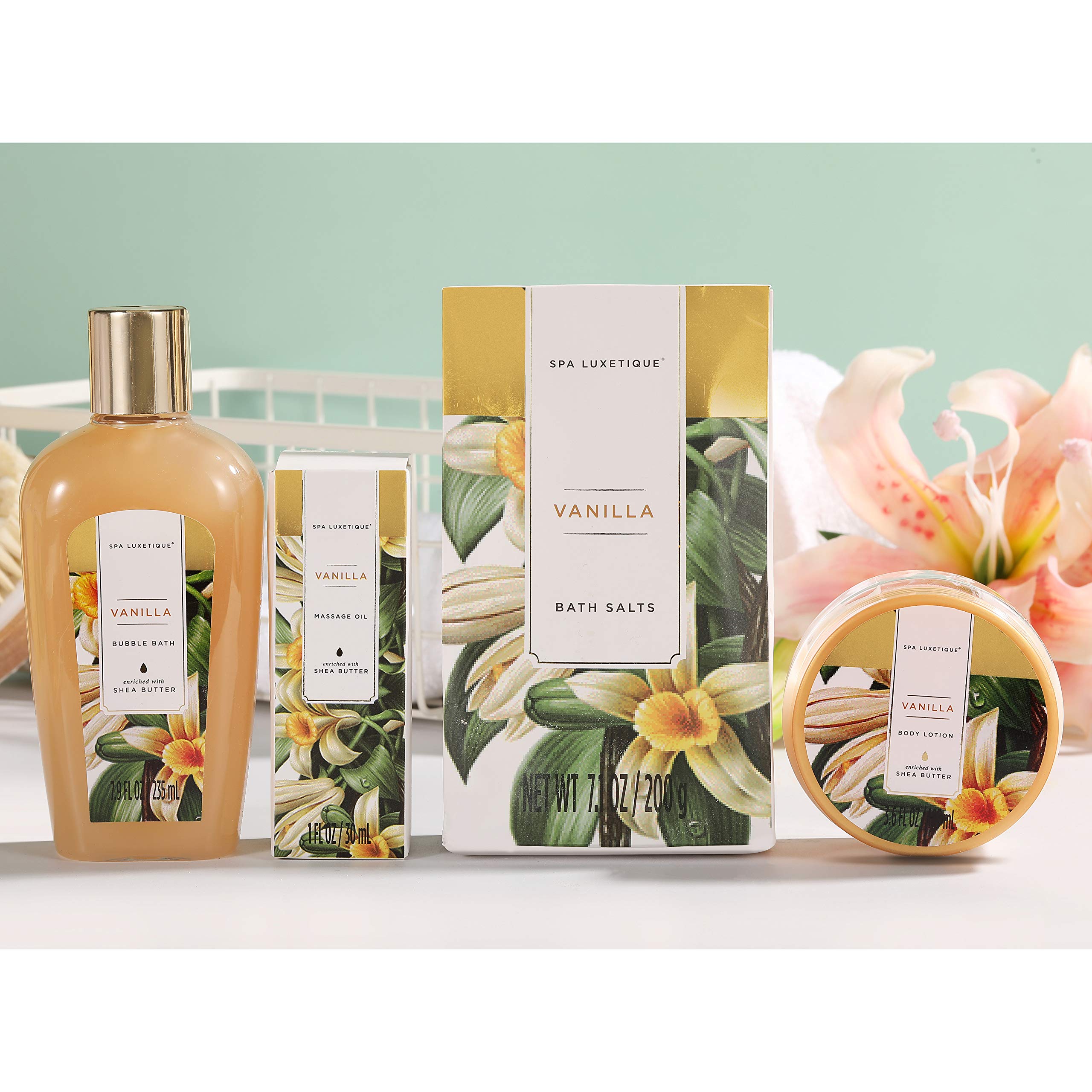 Spa Luxetique Spa Gift Basket, Vanilla Gift Baskets for Women, Luxury 15 Pcs Bath Gift Set, Relaxing at Home Bath Set with Massage Oil, Bath Salt, Bubble Bath, Beauty Gift Set for Women.