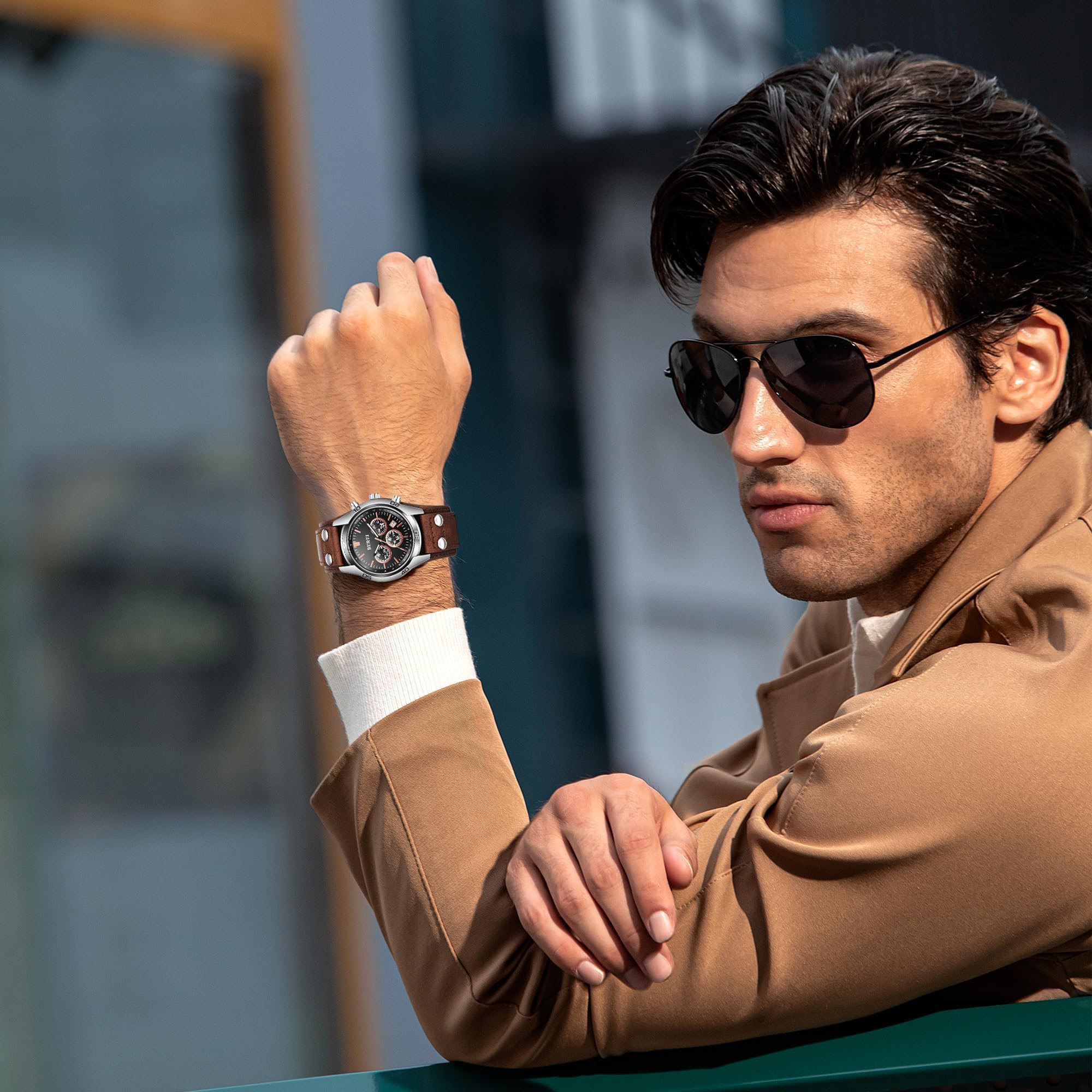 BUREI Men Watches,Waterproof Analog Dress Wrist Brown Leather Watches for Men with Black dial,Multifunction Watches for Men., BS0112-ZHZYZ