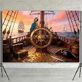 7x5ft Pirate Ship Backdrop Vintage Wooden Deck Nautical Treasure Map Background for Pirate Theme Party Decorations Retro Sailing Ship Photography Props Photo Booth Banner