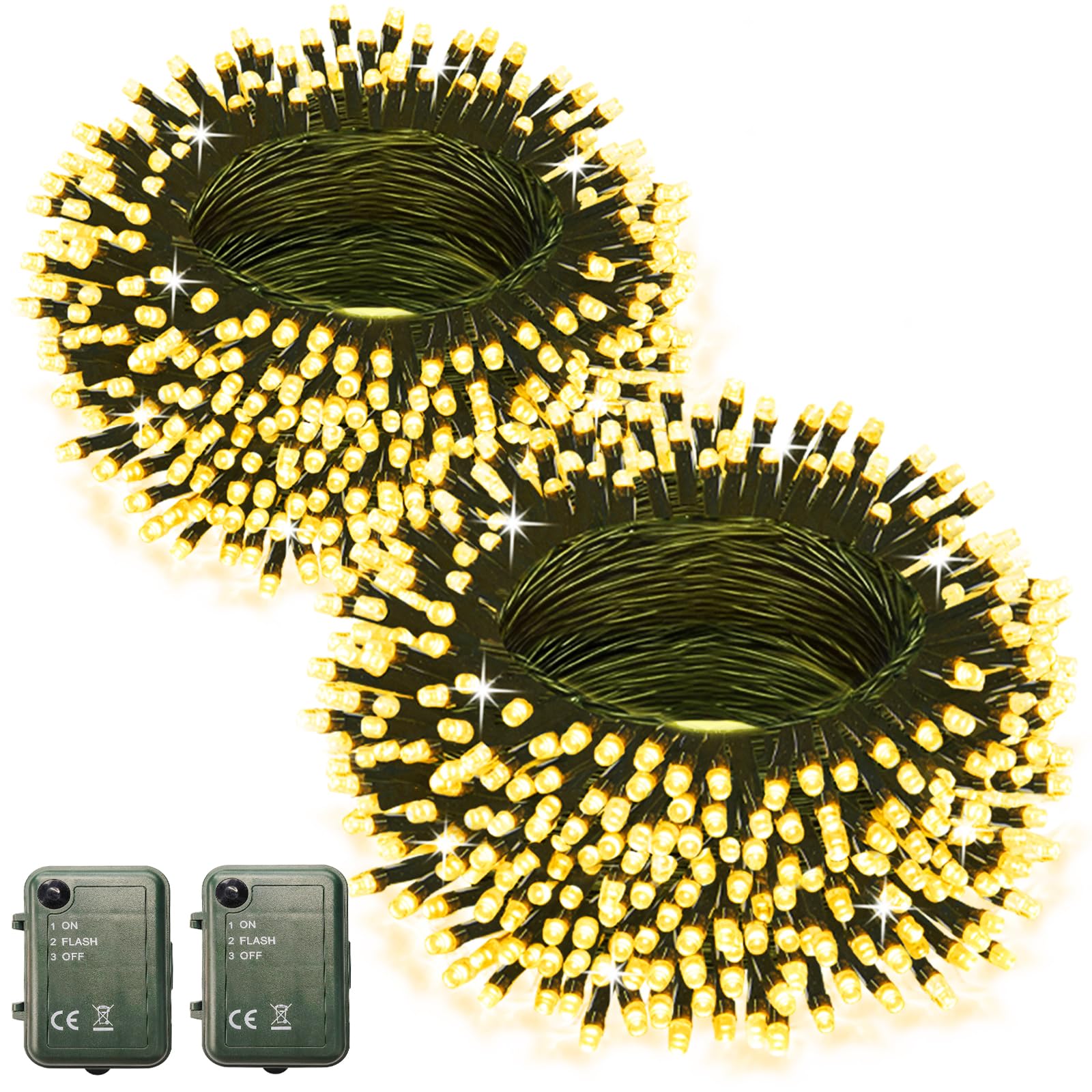 Photo 1 of 2 Pack Battery Powered String Lights, Total 66.6 FT 200 LED Christmas String Lights Indoor Outdoor Decoration, Twinkle Fairy Light for Classroom Dorm Bedroom Xmas Tree Party Decor, Warm White