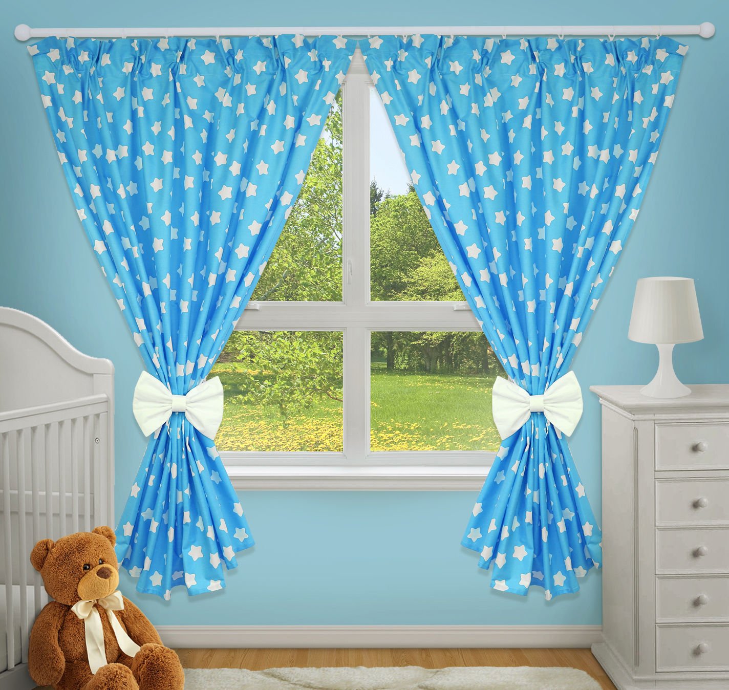 TheLittles24 LUXURY DECORATIVE CURTAINS FOR BABY ROOM MATCHING WITH OUR NURSERY BEDDING SETS (Big white stars on turquoise background)