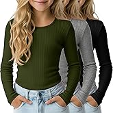 LessonZoo 3 Pack Girls Long Sleeve Shirts Cotton Ribbed Tops Crewneck Layering Slim Fit Uniform Undershirts Teen Basic Tees