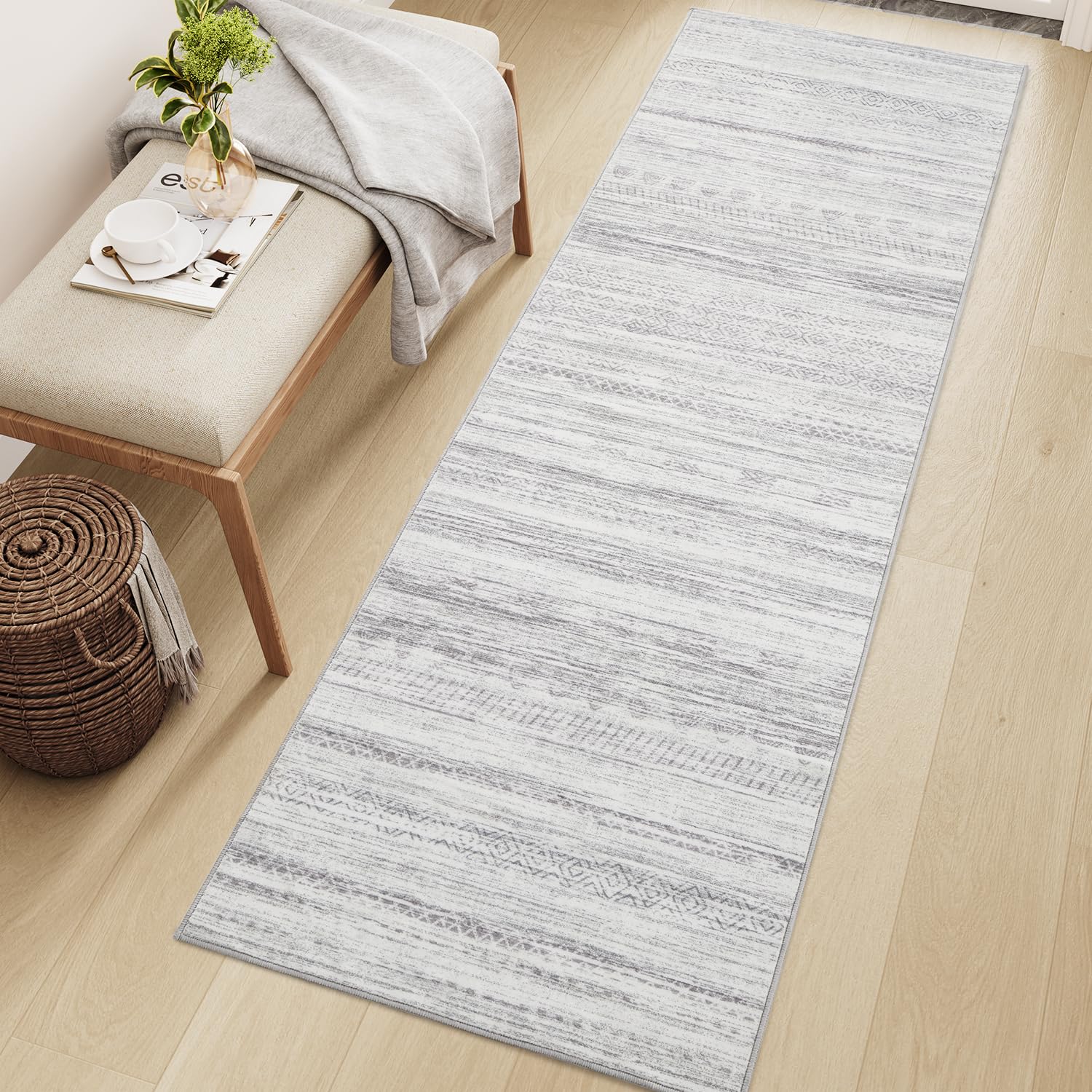 Photo 1 of 2x6 Runner Rug Machine Washable Non Slip Area Rug Distressed Neutral Moroccan Boho Rug Ultra Soft Floor Runners for Hallways for Entryway Laundry Room Kitchen, Grey