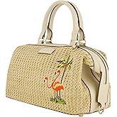 Tommy Bahama Satchel Bag, Women's Crossbody Purse with Adjustable Shoulder Strap, Embroidered Flamingo and Palm Tree Design, Cream, One Size
