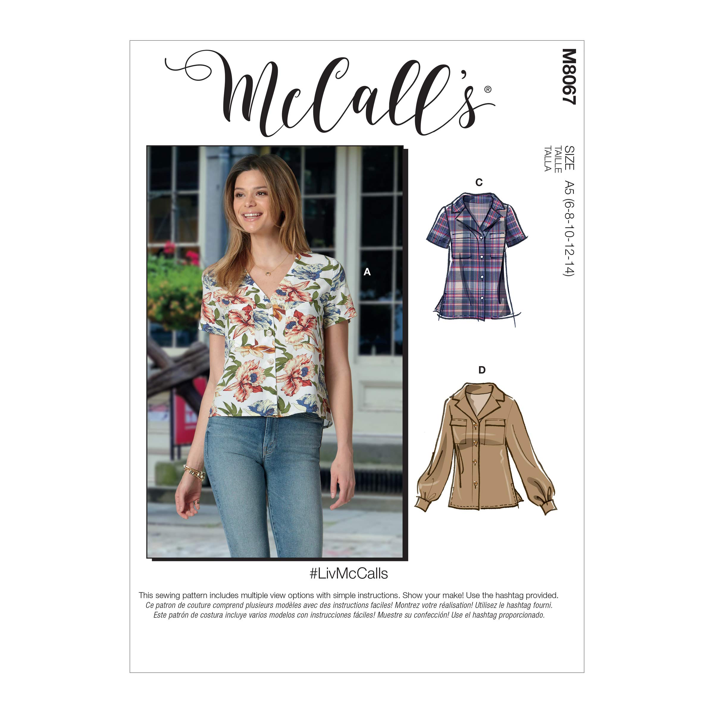 McCalls Pattern M8067E5 Misses' Button-Front Tops with Collar and Sleeve Options E5 (14-16-18-20-22)