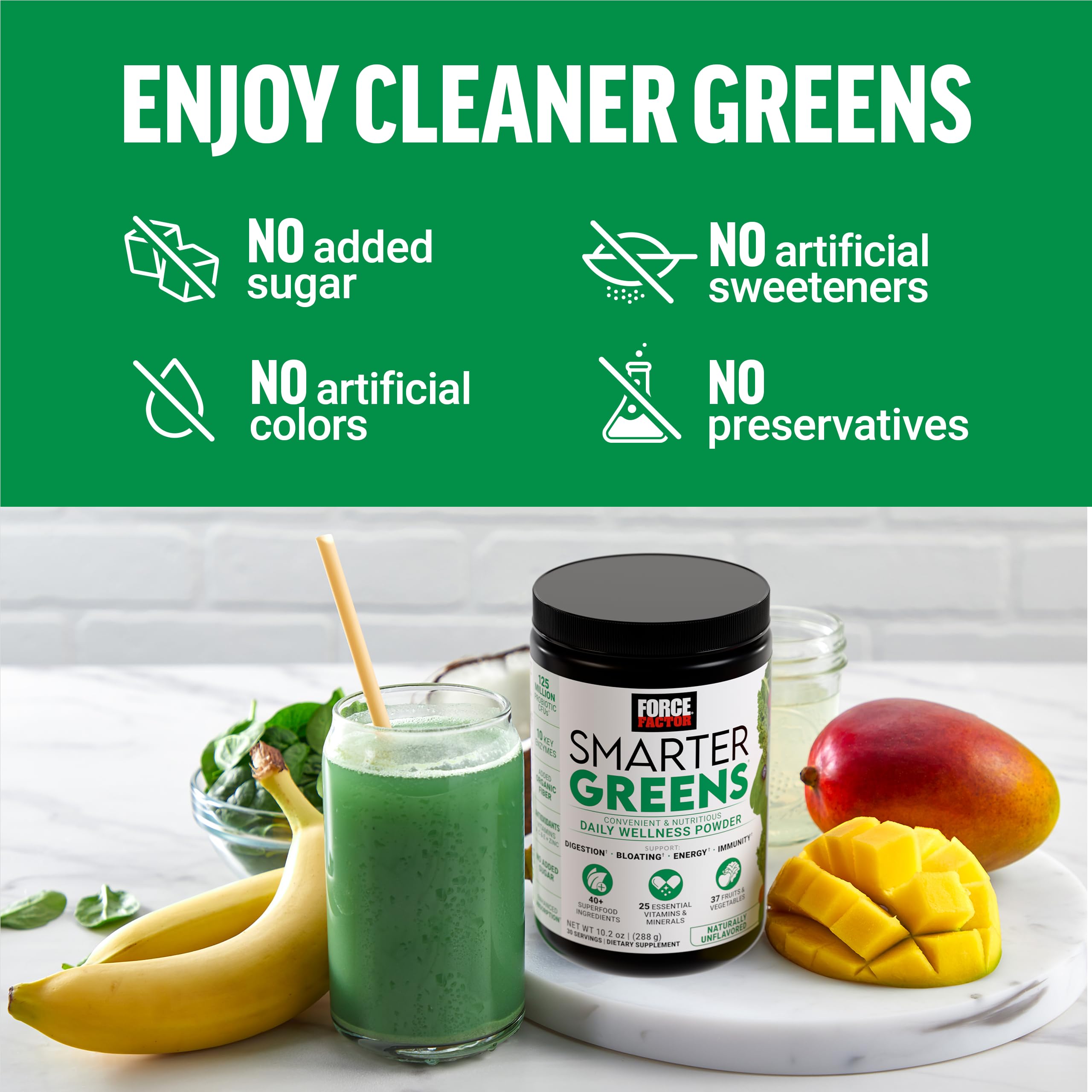 Force Factor Smarter Greens Daily Wellness Powder, Greens Superfood Powder to Support Gut Health, Bloating, & Digestion, with 40+ Superfoods, 125 Million CFUs of Probiotics, Unflavored, 30 Servings