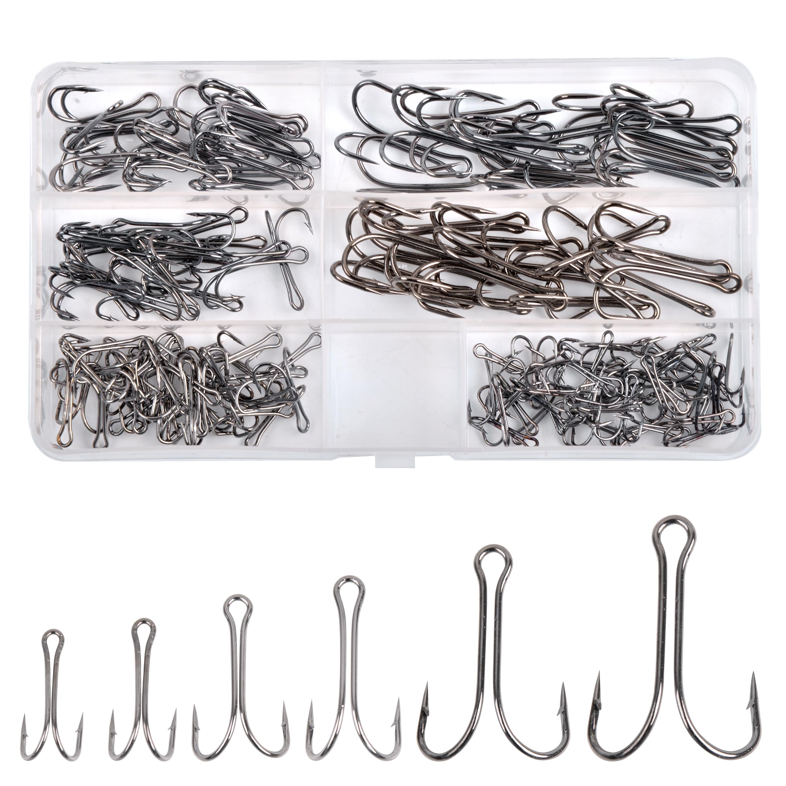 Classic Double Fishing Hooks Kit, 140pcs Open Shank Frog Hooks Barbed Small Fly Tying Fishing Hook 3X Strong High Carbon Steel Fishhooks for Saltwater Freshwater(140PCS/BOX)