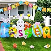 Joliyoou 8FT L Easter Inflatable Yard Decoration, Lighted Blow Up Bunny Sitting with Easter Eggs, Light Up Air Blown Rabbit Happy Easter for Spring Holiday Lawn Garden Indoor Outdoor Decors