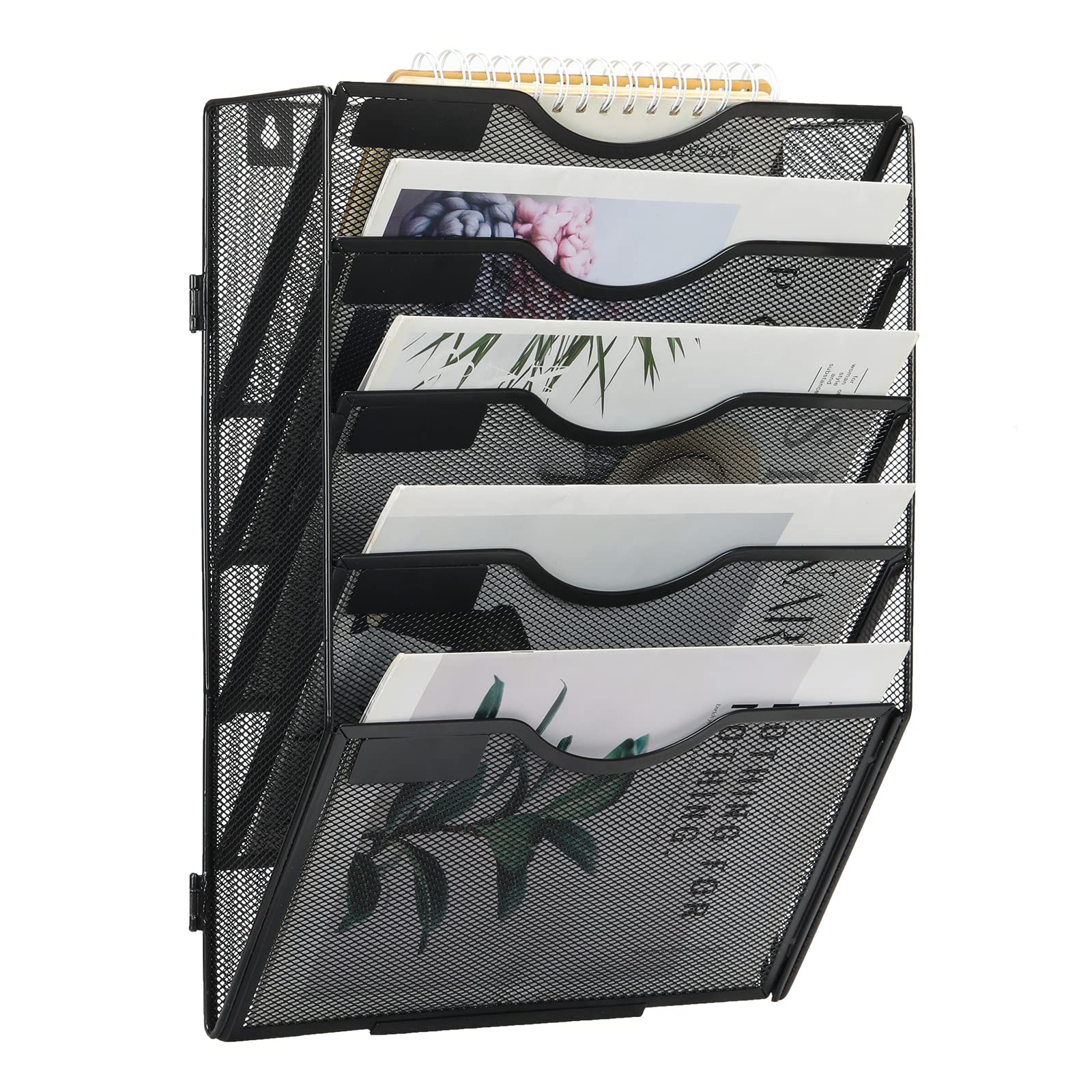 Photo 1 of EasyPAG Wall File Holder Organizer 5 Pocket Mesh Hanging Wall Mounted Document Paper Folder Filing Magazine Rack with Nametag Label for Office Home School, Black