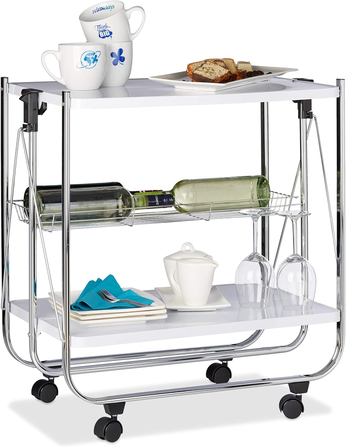 Relaxdays Foldable Serving Trolley, 4 Wheels, 2 Shelves, Basket, HxWxD: 68.5 x 68 x 40.5 cm, Kitchen Cart, White