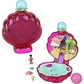 Polly Pocket Dolls & Accessories, Travel Toy with Water Play, Sparkle Beach Shell Compact with Micro Doll and Ocean Pet