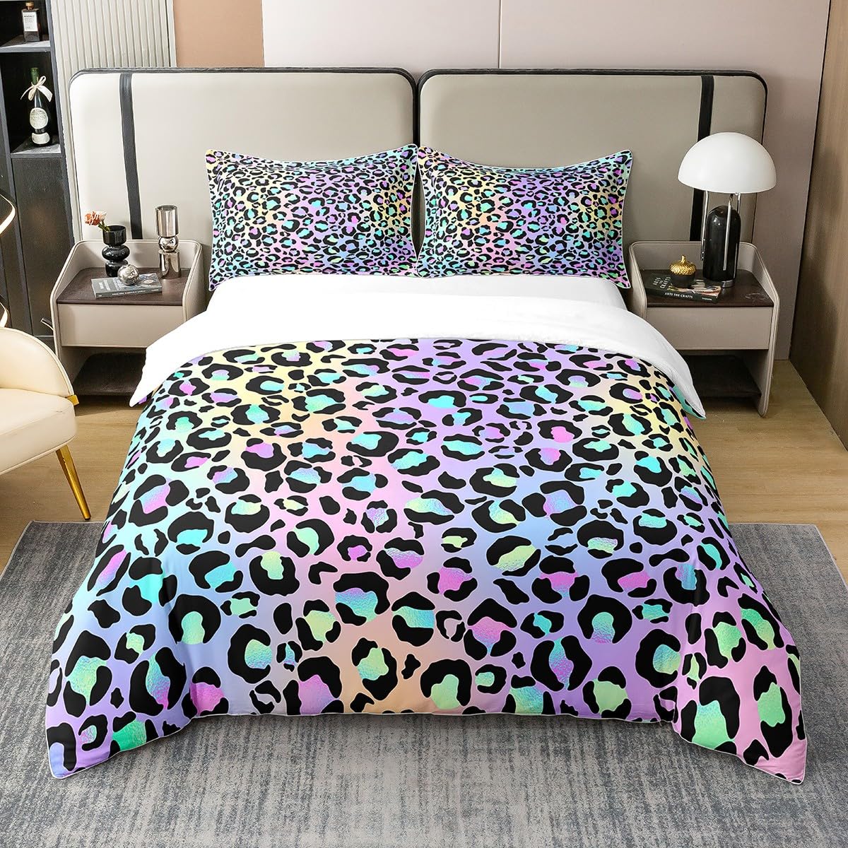 Loussiesd Leopard Print 100% Cotton Duvet Cover King Size Rainbow Cheetah Pattern Bedding Cotton Duvet Cover Set Safari Animal Bedspread Cover