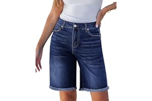 luvamia Jean Bermuda Shorts for Women Trendy Mid Rise Raw Hem Knee Length Stretchy Denim Long Shorts Summer Casual Jorts