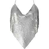 Christmas Womens Sexy Sparkly Chain Top Metallic Sequin Rhinestone Halter Backless Crop Outfit Party Club Tank Shirt (Sliver V)