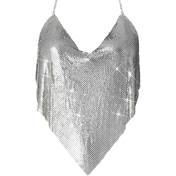 Women Sexy Sparkly Halter Neck Rhinestone Crop Top Deep V Tank Top
