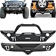 OEDRO Front and Rear Bumper Compatible for 07-18 Jeep Wrangler JK & Unlimited w/Winch Plate Mounting & D-Rings & Square LED Lights & 2" Hitch Receiver, Textured Black Off Road Star Guardian Design