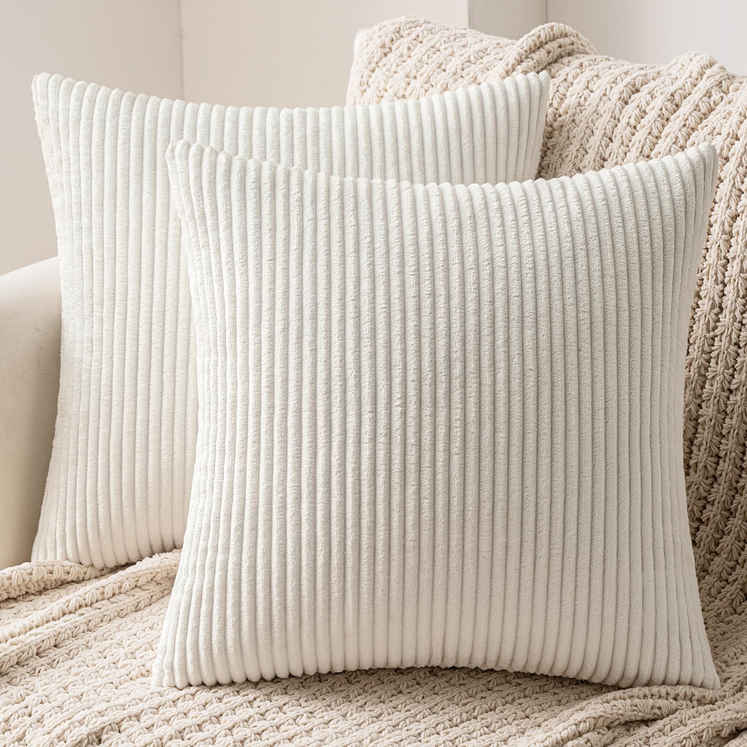 MIULEE Set of 2 Striped Corduroy Square Throw Pillow Case Soft Cushion Cover Sham Home for Sofa Chair Couch/Bedroom Decorative Fluffy Pillowcases 16x16 Inch 40x40cm Pure White — image 1