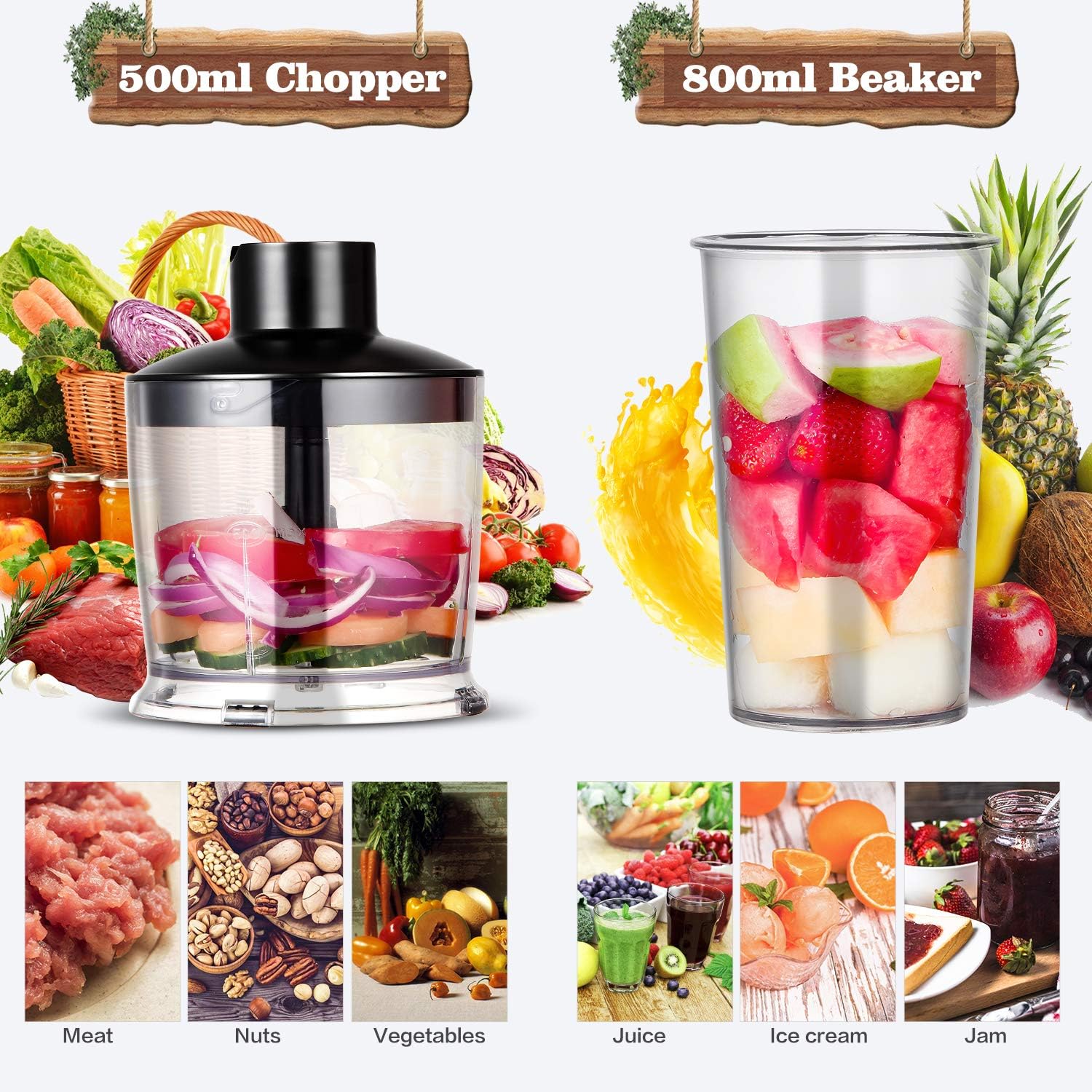 Sunmaki 4 in 1 Hand Blender multi function, Immersion blender, Speed Adjustable Stainless Steel Stick, Egg Whisk, Baby Food/Juice/Smoothies Maker, Minced meat, 500ml Food Chopper, 800ml Container: Kitchen & Dining