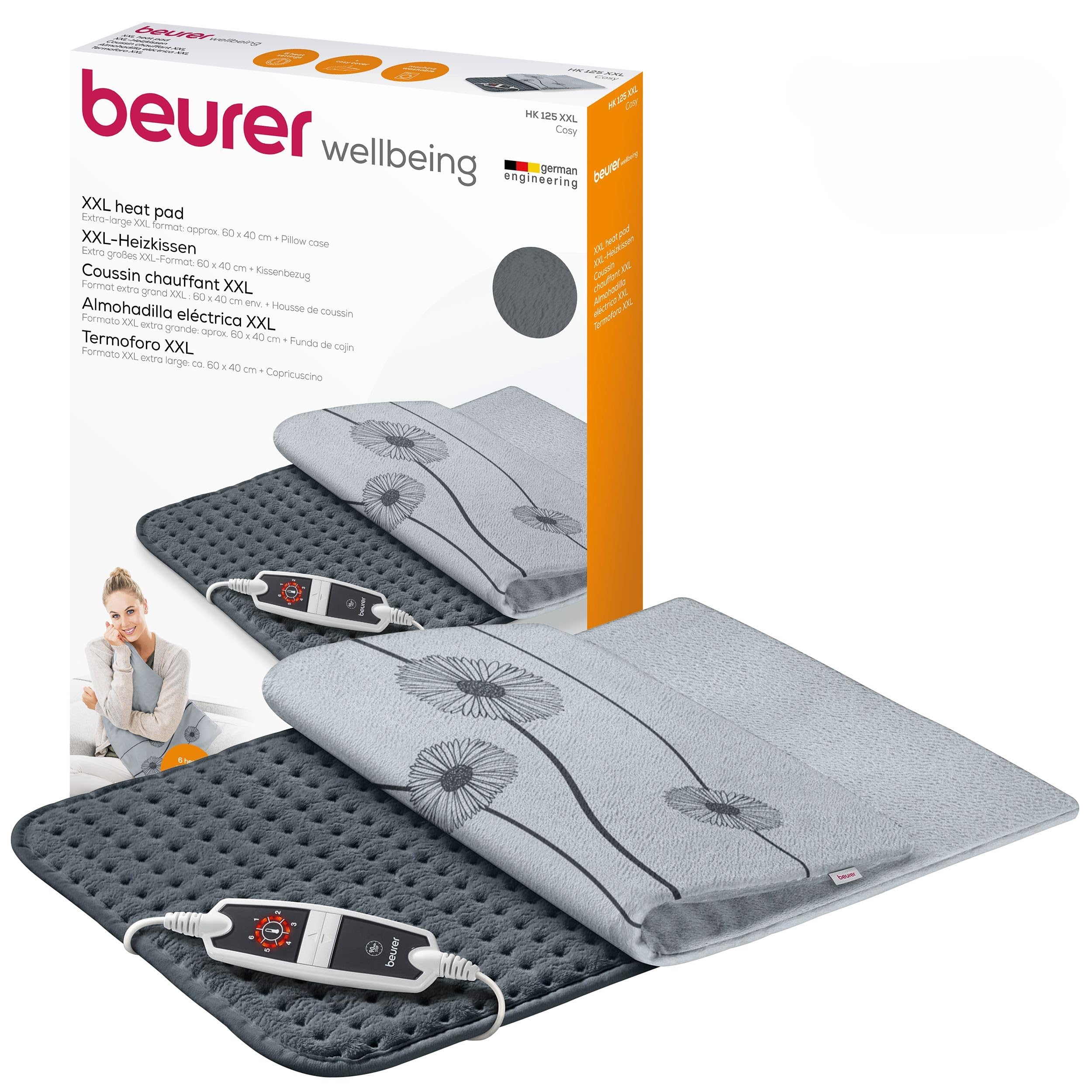 Beurer HK125 XXL Heat Pad | Longer Electric Heat Pad For Wrap-Around Warmth | 6 Electronically Regulated Temperature Settings | Machine-Washable | Automatic Switch-off | 60 x 40 cm