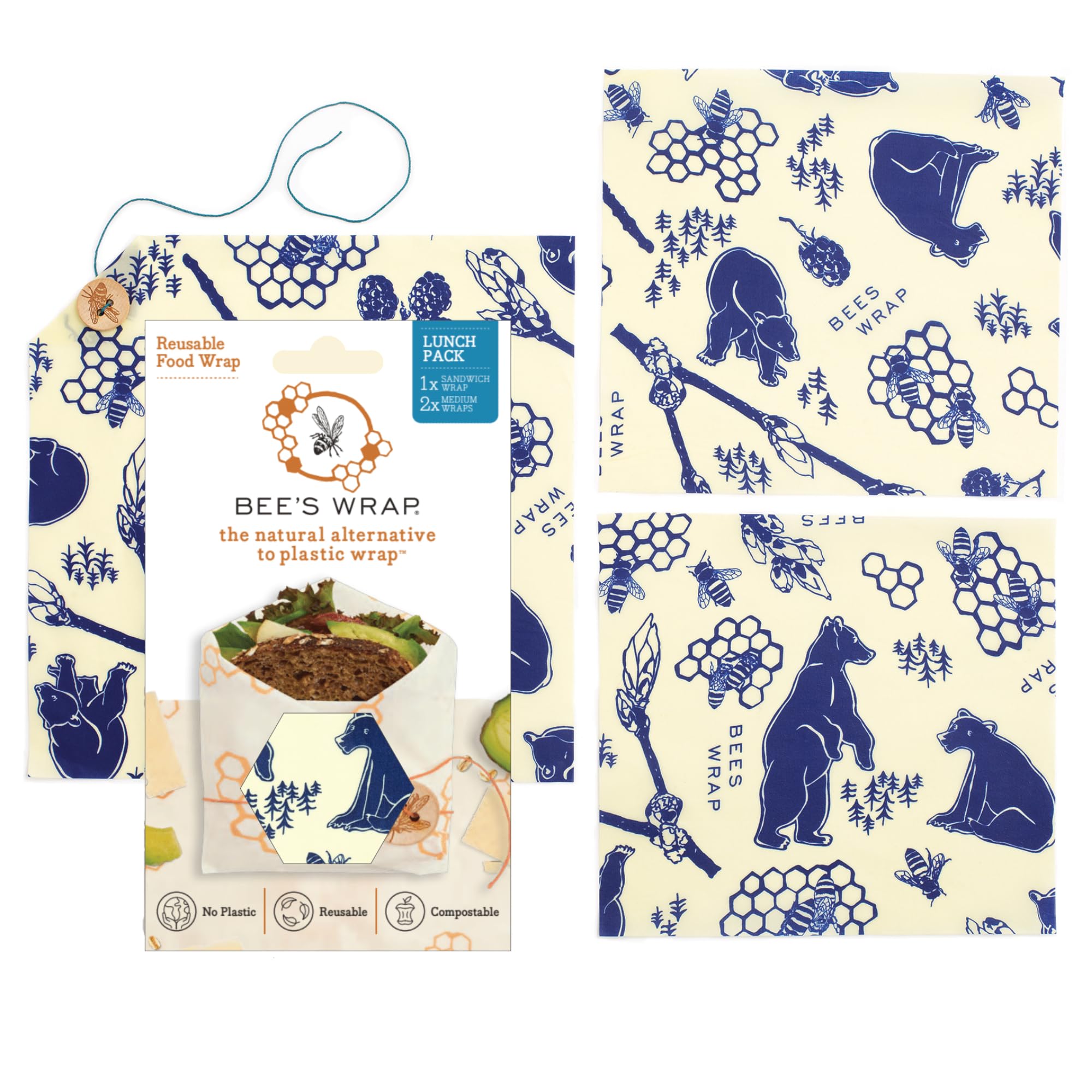 Bees Wrap Bees & Bears Lunch Pack, Set of 3 Wraps
