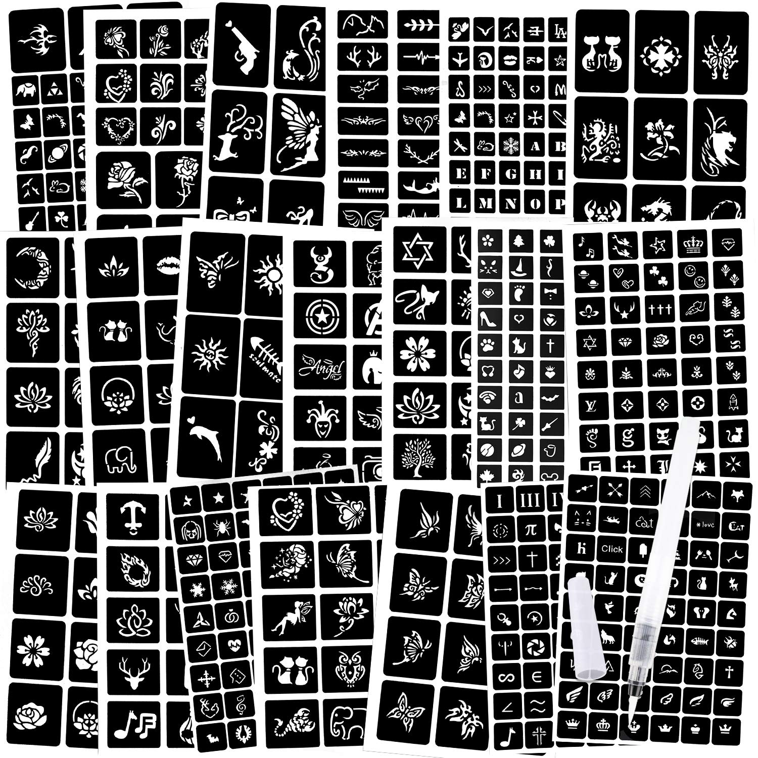 Konsait Temporary Tattoos Stencils, 20 Sheets Girls Boys Glitter Tattoo Kit Templates Face Paint Stencils Body Art Stencil Pack Body Art Sticker for Man Women Adults Kids Teenager Halloween Costume