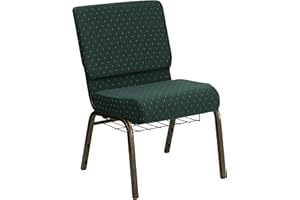 Flash Furniture HERCULES Series 21''W Church Chair in Hunter Green Dot Patterned Fabric with Book Rack - Gold Vein Frame