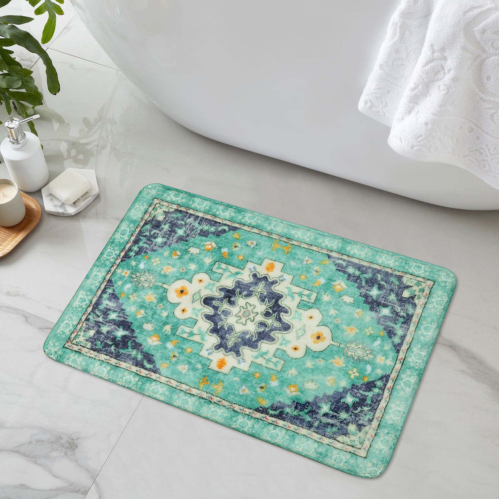 Photo 1 of Uphome Boho Retro Bathroom Rugs Green Non-Slip Soft Bath Mat Machine Washable Oriental Small Bath Rug Traditional Tribal Floral Bath Mats for Sink Shower Tub Door Mat, 18x25 inch