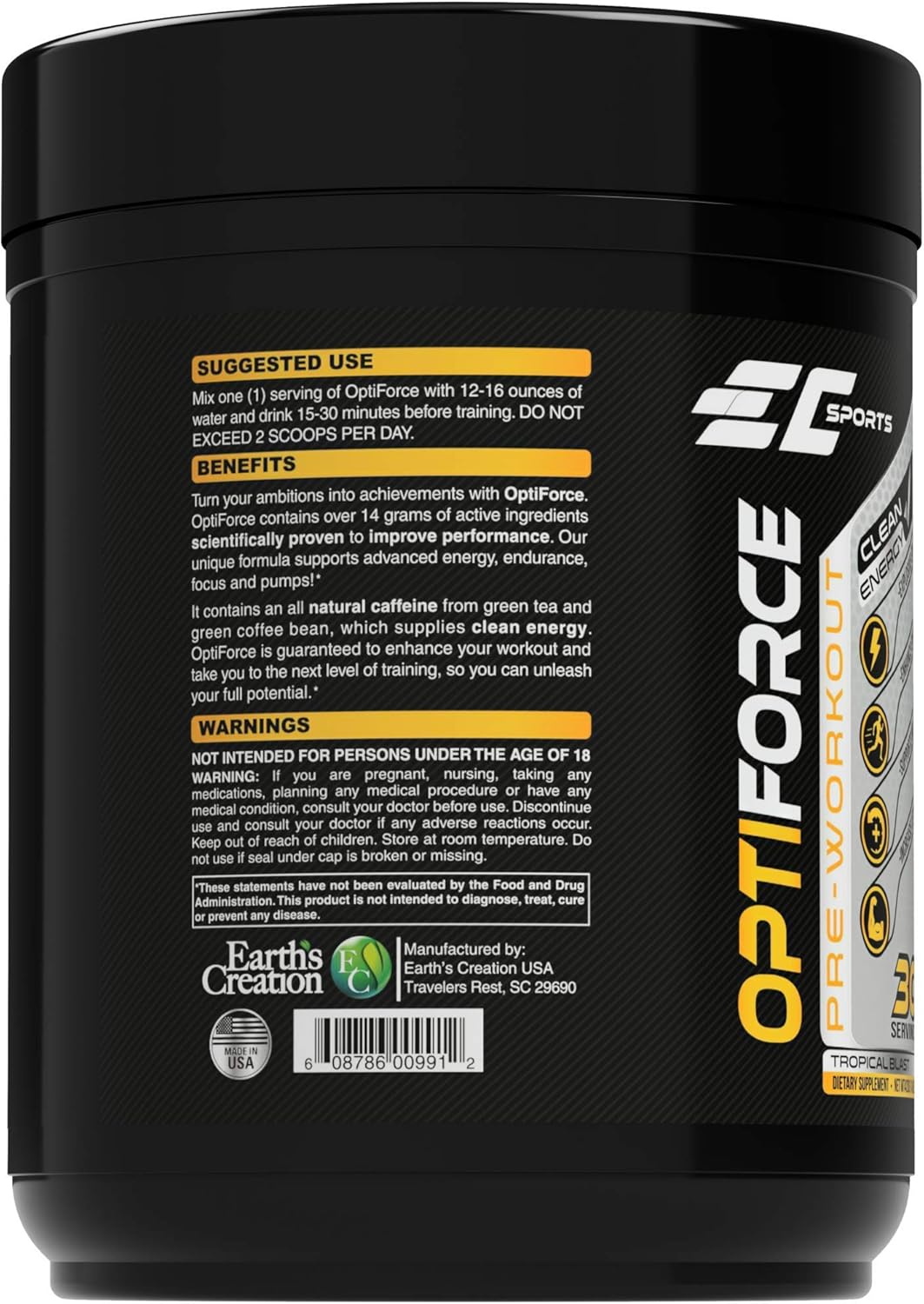 EC Sports, OptiForce Pre-Workout, Clean Energy, 6G Citrulline Mallate, 2G Beta Alanine, 2G Betaine Anhydrous, Natural Caffeine, Candy Watermelon, 30 Servings, 15.34oz: Health & Personal Care