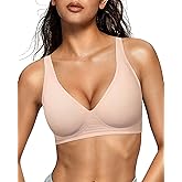 OEAK Womens Deep V Bras Wireless Comfortable Bra Supportive No Underwire Bras Tshirt Push Up Bralettes Plunge Seamless Bra Jacquard Nude L