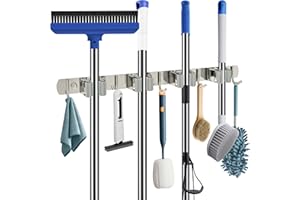 Qianruida Wall Mounted Broom and Mop Organizer, Heavy Duty Stainless Steel Storage Rack for Brooms, Mops, Tools Space Saving 