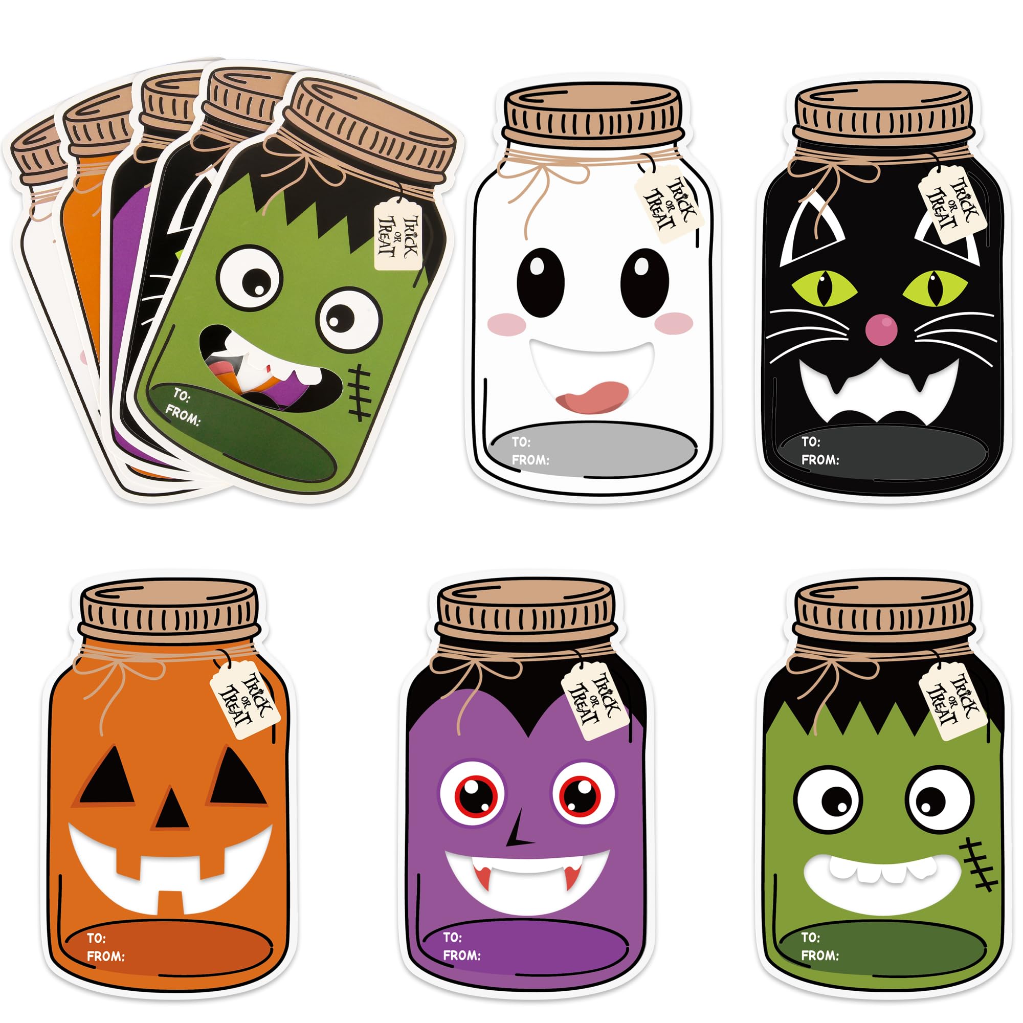 Photo 1 of 60 Pack Halloween Mason Jar Cards for Kids Exchange Gift Cards with Treat Bags Halloween Candy Holder Card Trick or Treat Classroom Goodie Bag for School Prize Gift Party Favors (Candy Not Included)
