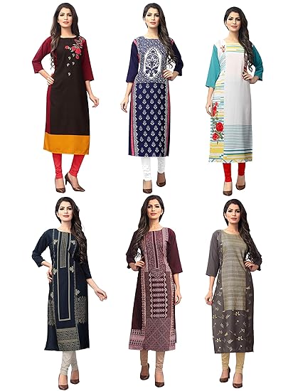 Women's Multi-Coloured Crepe Knee Long W Style Kurtas/Kurti Combo (Set of 6)