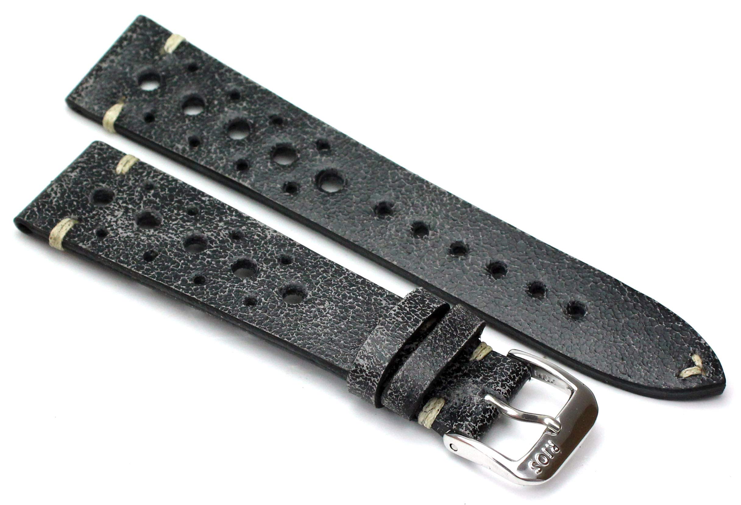 RIOS1931 Rallye Vintage Cowhide Leather Watch Strap Handmade in Germany 22 mm Scratched Black