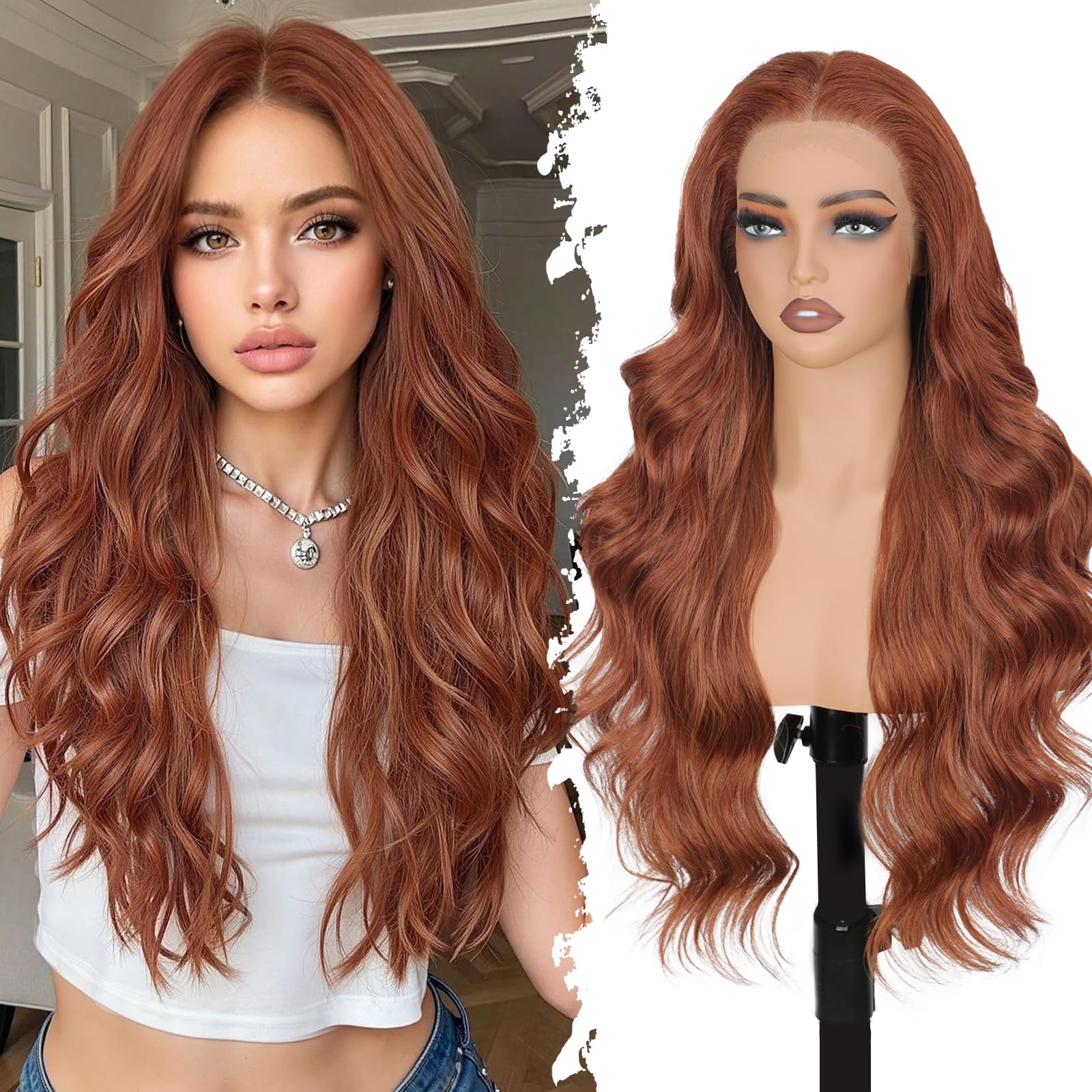 Photo 1 of Lativ Auburn Synthetic Lace Front Wig,13x4 HD Lace Ginger Long Wavy Curly Glueless Wig for Women Daily Use 26 Inch