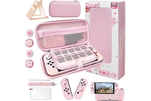 HLRAO Pink Travel Carrying Case Accessories Kit Compatible with Nintendo Switch OLED.Pink Switch OLED Hard Protective Cover,Adjustable Stand,Screen Protector & Cute Thumb Grips 10 in 1 Gift.