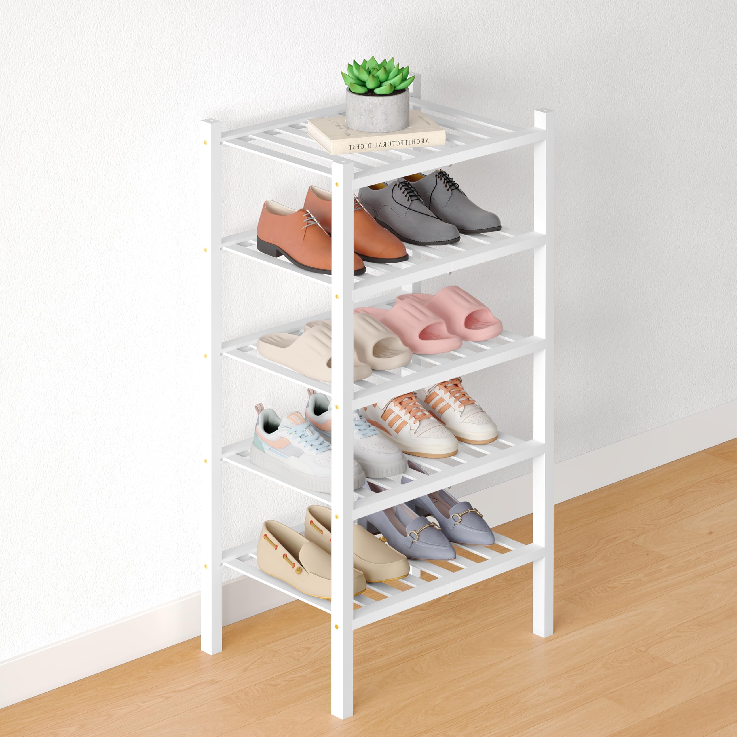 Smiry Bamboo Shoe Rack for Closet, 5 Tier Small Wooden Stackable Shoe Organizer, Free Standing Shoes Storage Shelf for Entryway, Front Door Entrance, White Image