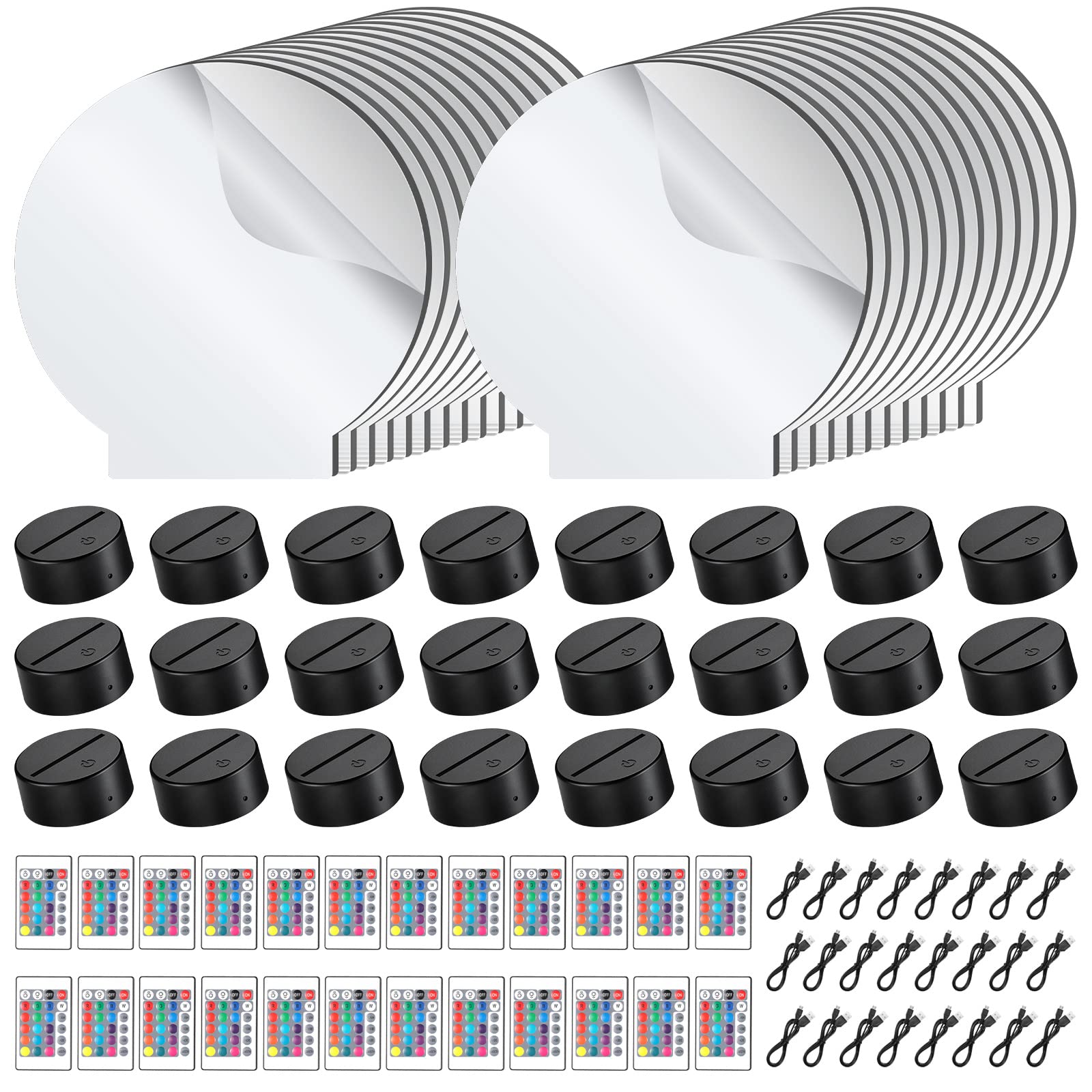 Photo 1 of 24 Sets 3D Night Led Light Base and Clear Blank Acrylic Sheet with Remote Controls and USB Cable, Adjustable 16 Colors DIY Acrylic Lamp Base Set for Room Restaurant Bar Shop Cafe Office (Round)