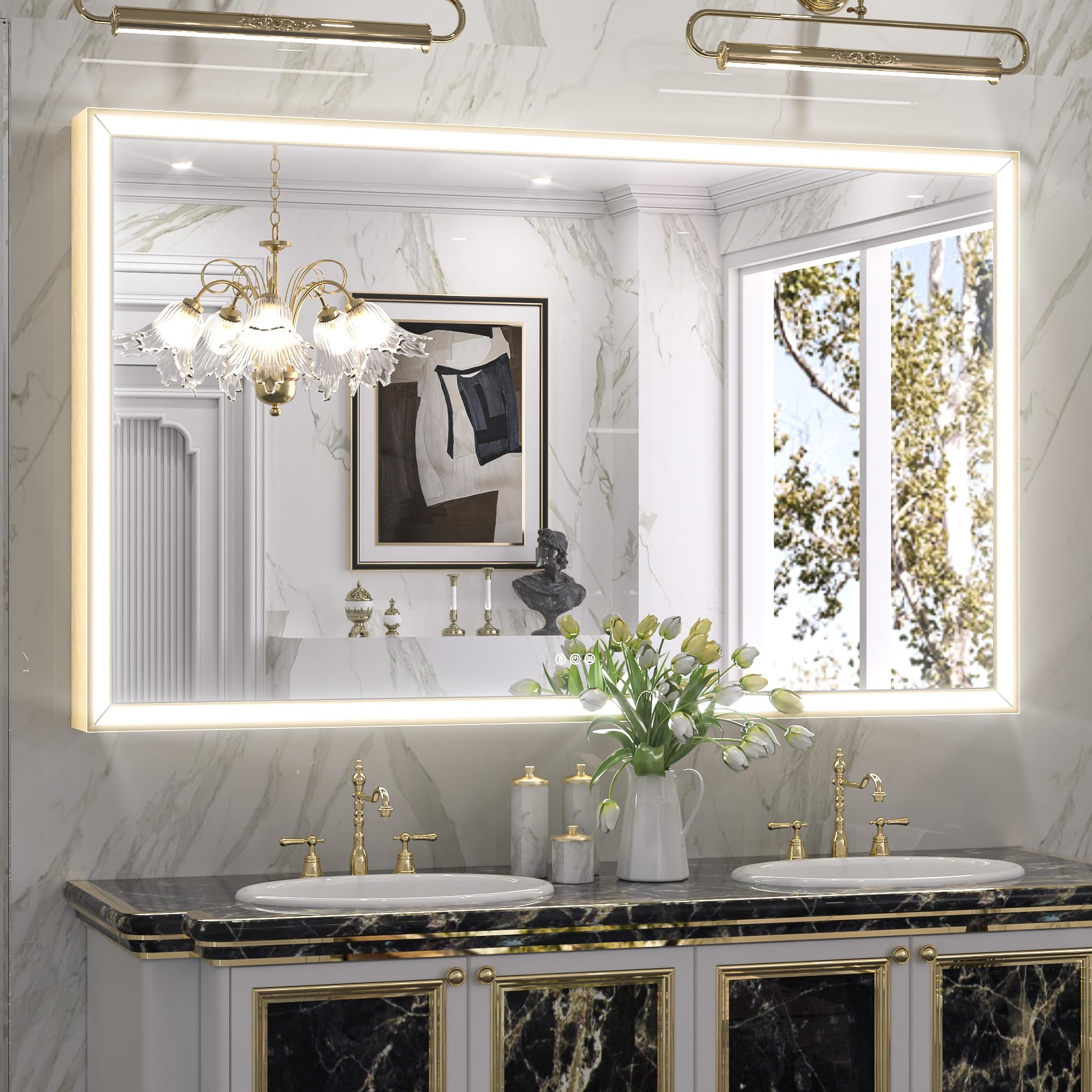 Keonjinn Gold LED Bathroom Mirror 60” x 36” with Frontlit, 45° Angled ...
