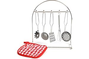 IQ Toys Pretend Play Cooking Utensils, 5 Piece Metal Cookware Set Includes Hanging Rack and Hot Pad Chef Set for Kids Kitchen