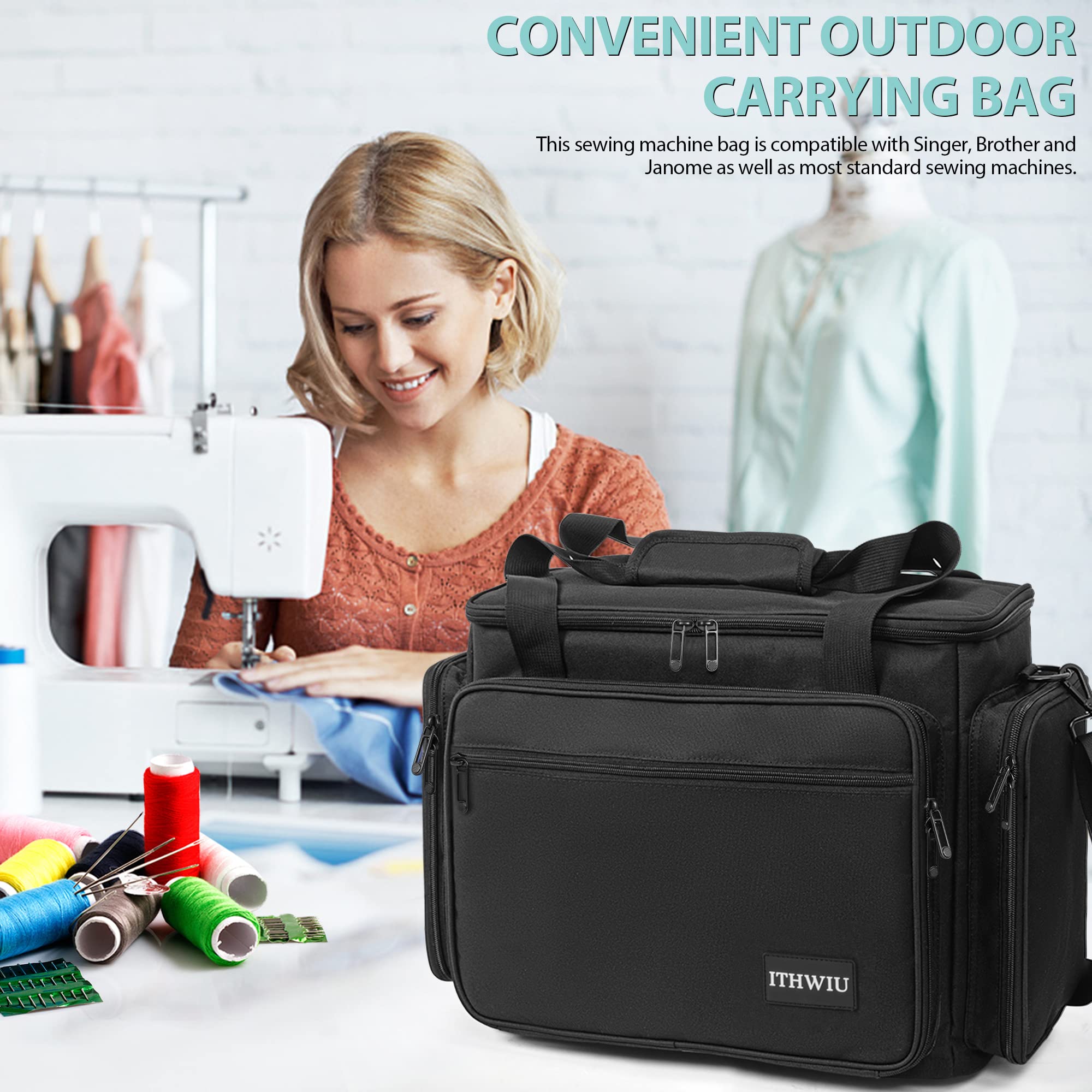 ITHWIU Sewing Machine Carrying Case with Multiple Storage Pockets for Accessories, Universal Tote Storage Bag Compatible with Most Standard Singer, Brother, Janome
